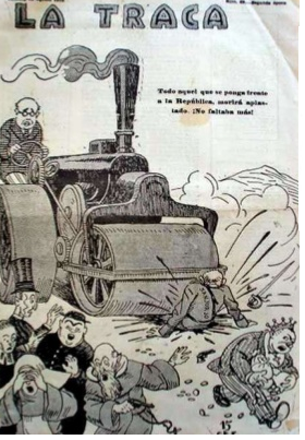 Caricatura de Manuel Azaña publicada en l1932 por la revista satírica La Traca, en la que se le ve "aplastando" a los enemigos de la República.